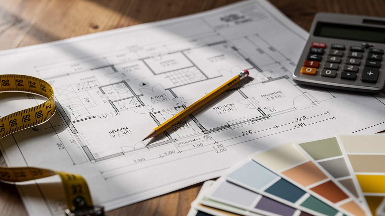 Projekt mieszkania i kosztorys na stole budowlanym