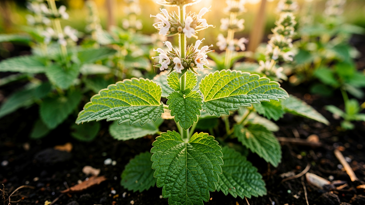 Lemon balm plant growing in natural garden setting