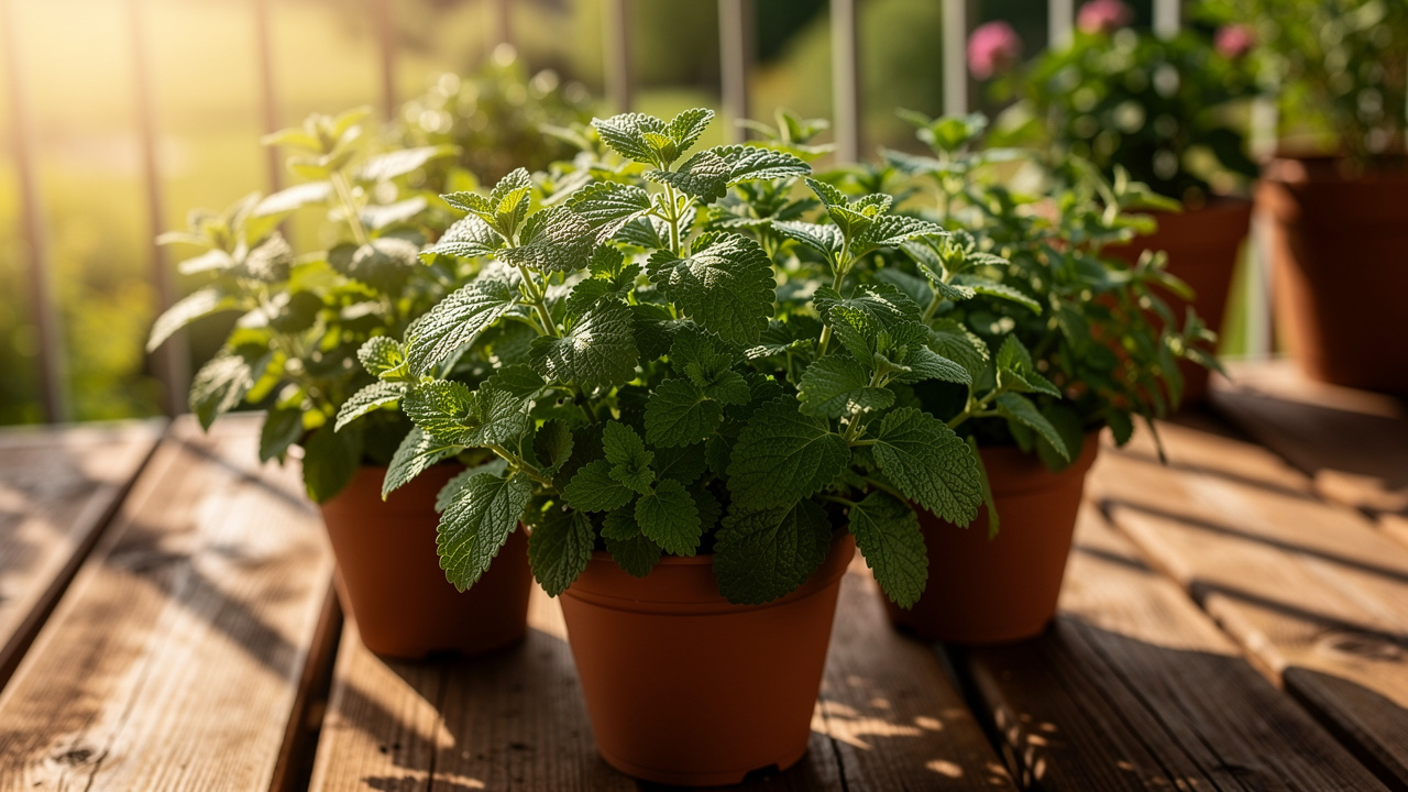 Lemon balm plants thriving in home garden containers