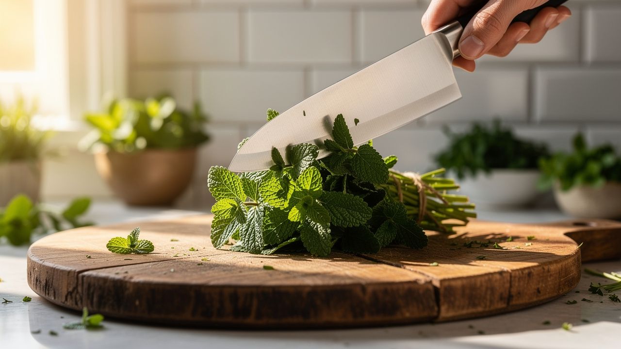 Fresh lemon balm being prepared for cooking use