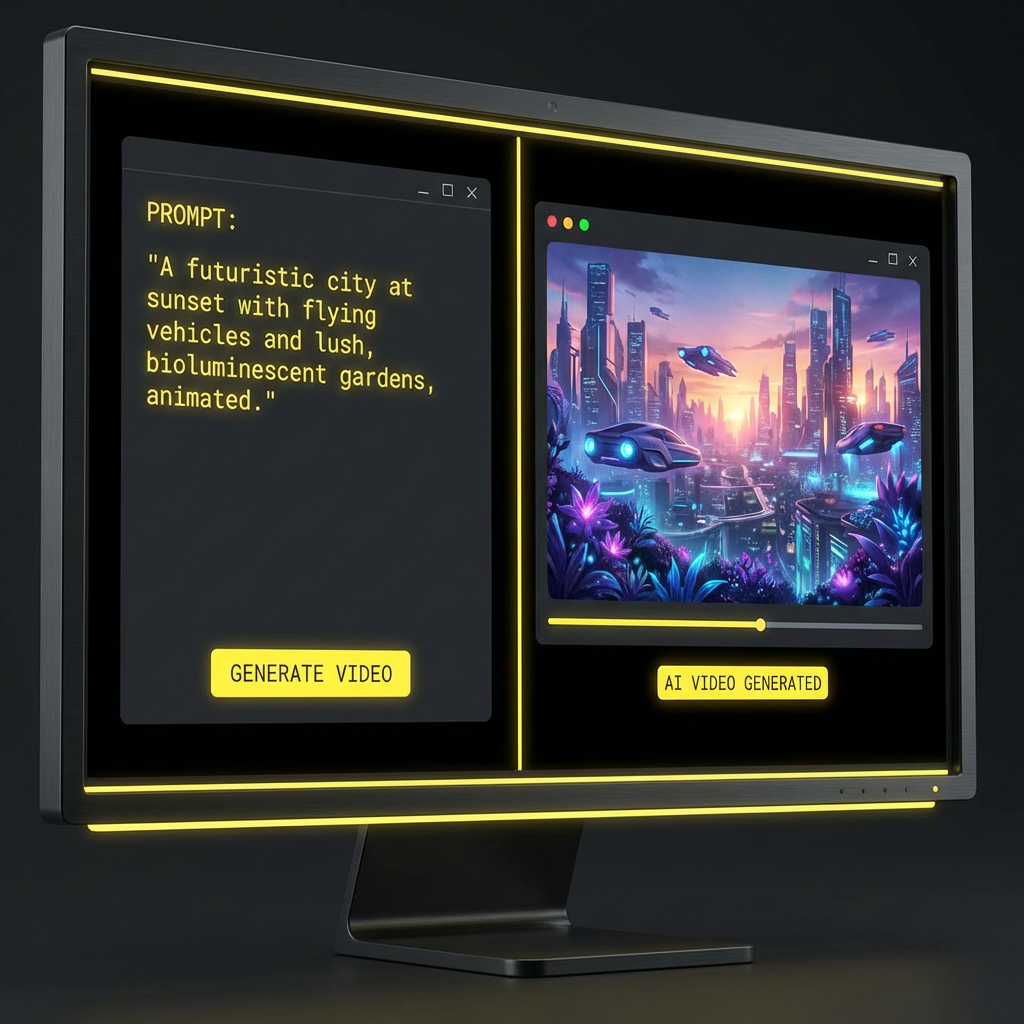 Text prompt transforming into AI-generated video on modern interface