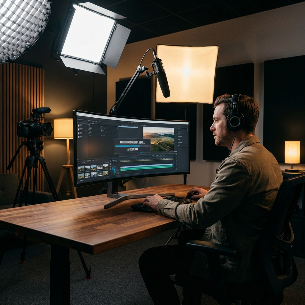 Content creator watching AI generate cinematic video on studio monitor