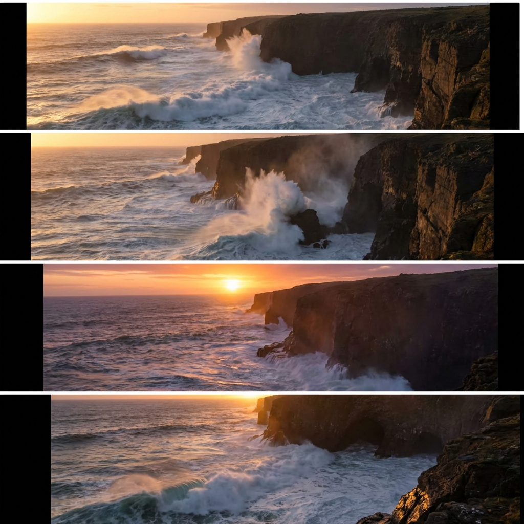 AI-generated ocean waves cinematic video scene at sunset