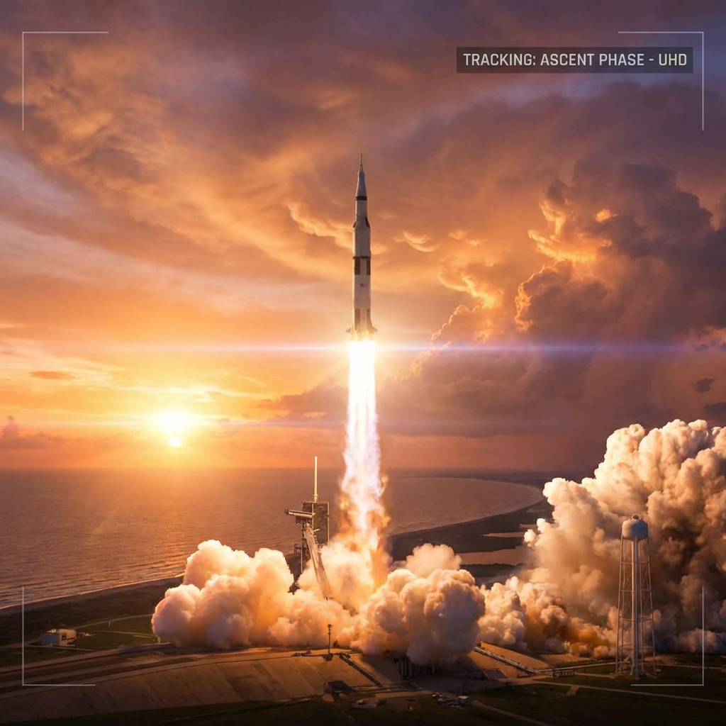 AI-generated rocket launch video scene with cinematic camera tracking