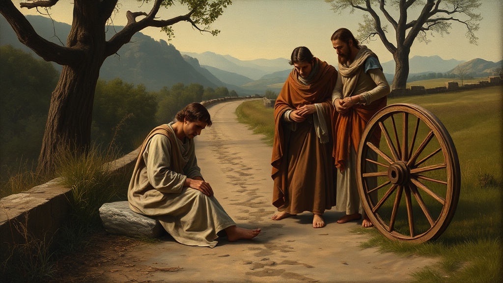 Allegorical road-side care scene