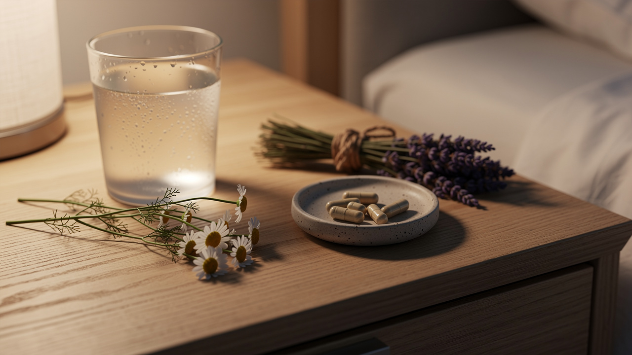 Natural sleep supplements and calming herbs on nightstand