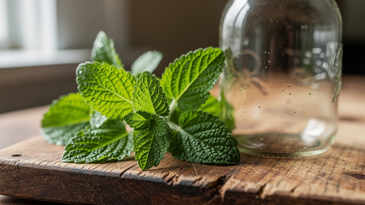 Fresh lemon balm leaves on wooden board for tincture preparation