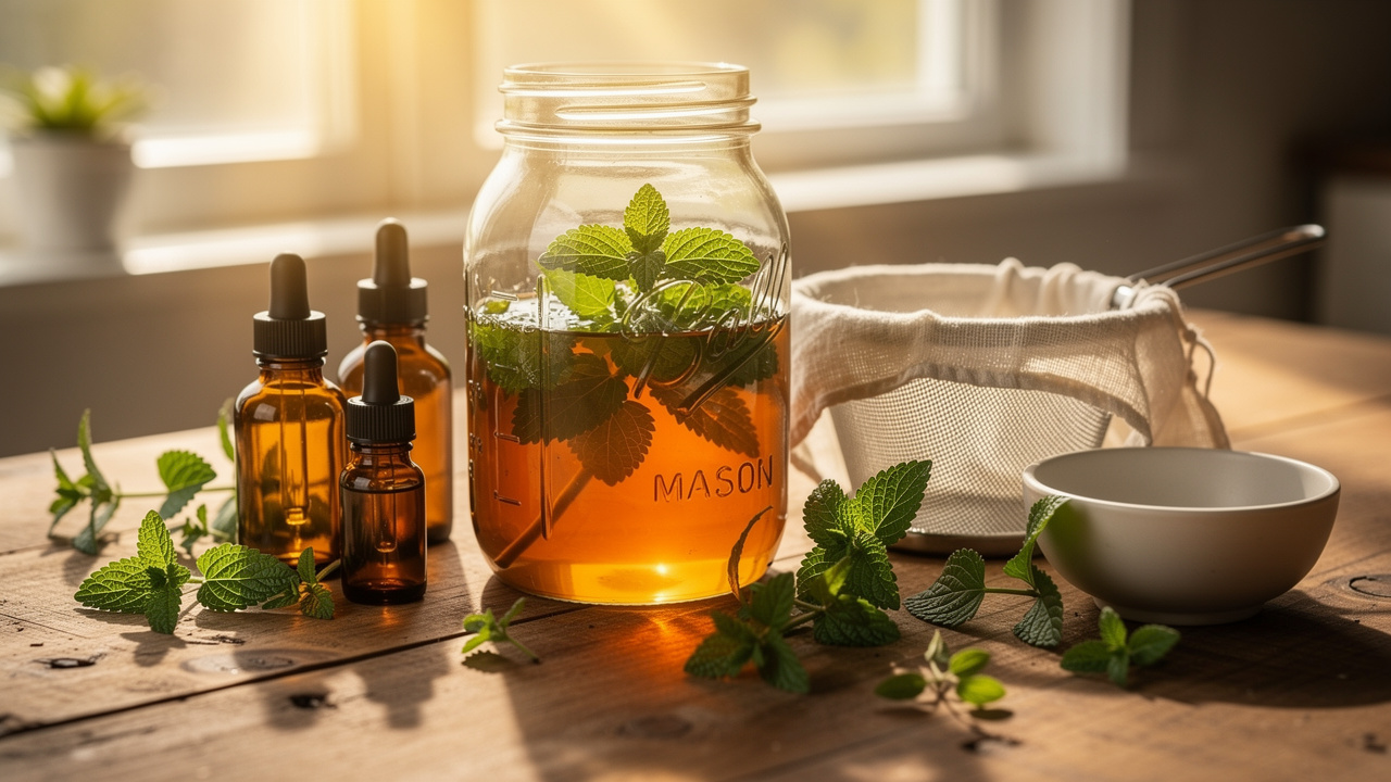 Kitchen setup for making homemade lemon balm tincture