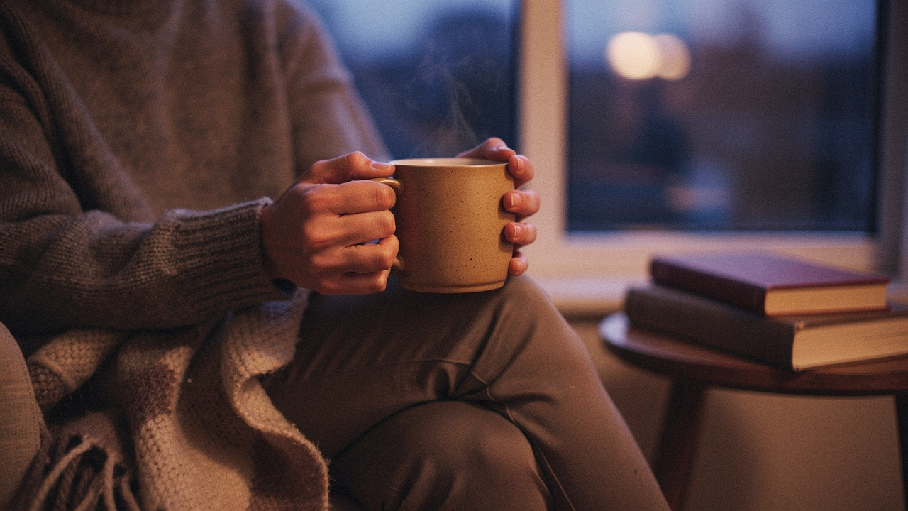 Person relaxing with warm beverage during evening