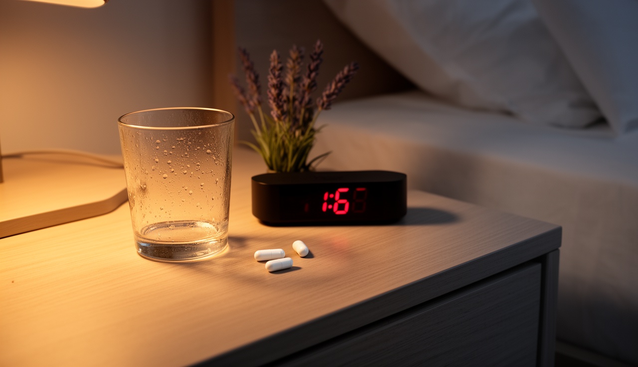Bedside table with water and supplements for evening routine