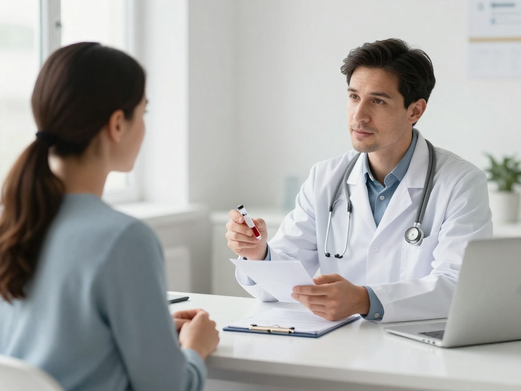 A clinician explaining lab results to a patient.