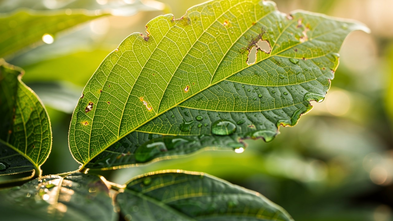 Griffonia simplicifolia plant leaves with water droplets