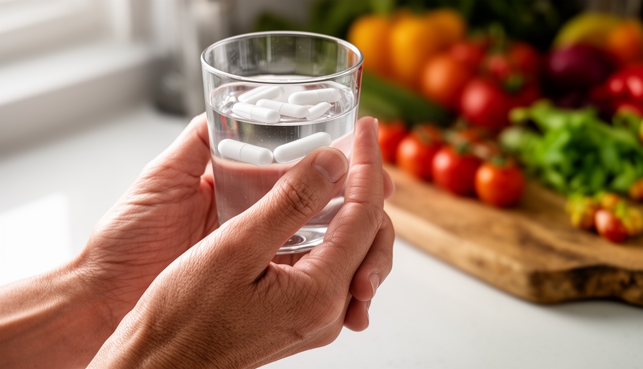 Hands holding supplement capsules with water