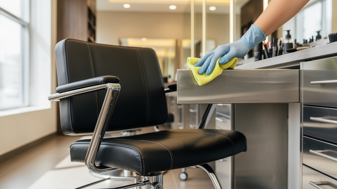 Professional salon furniture being sanitized