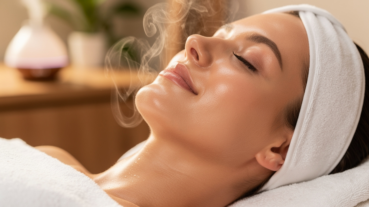 Client relaxing during professional facial steam session