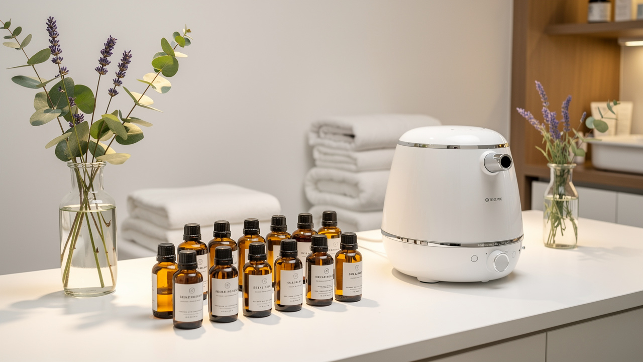 Aromatherapy essential oils beside professional facial steamer