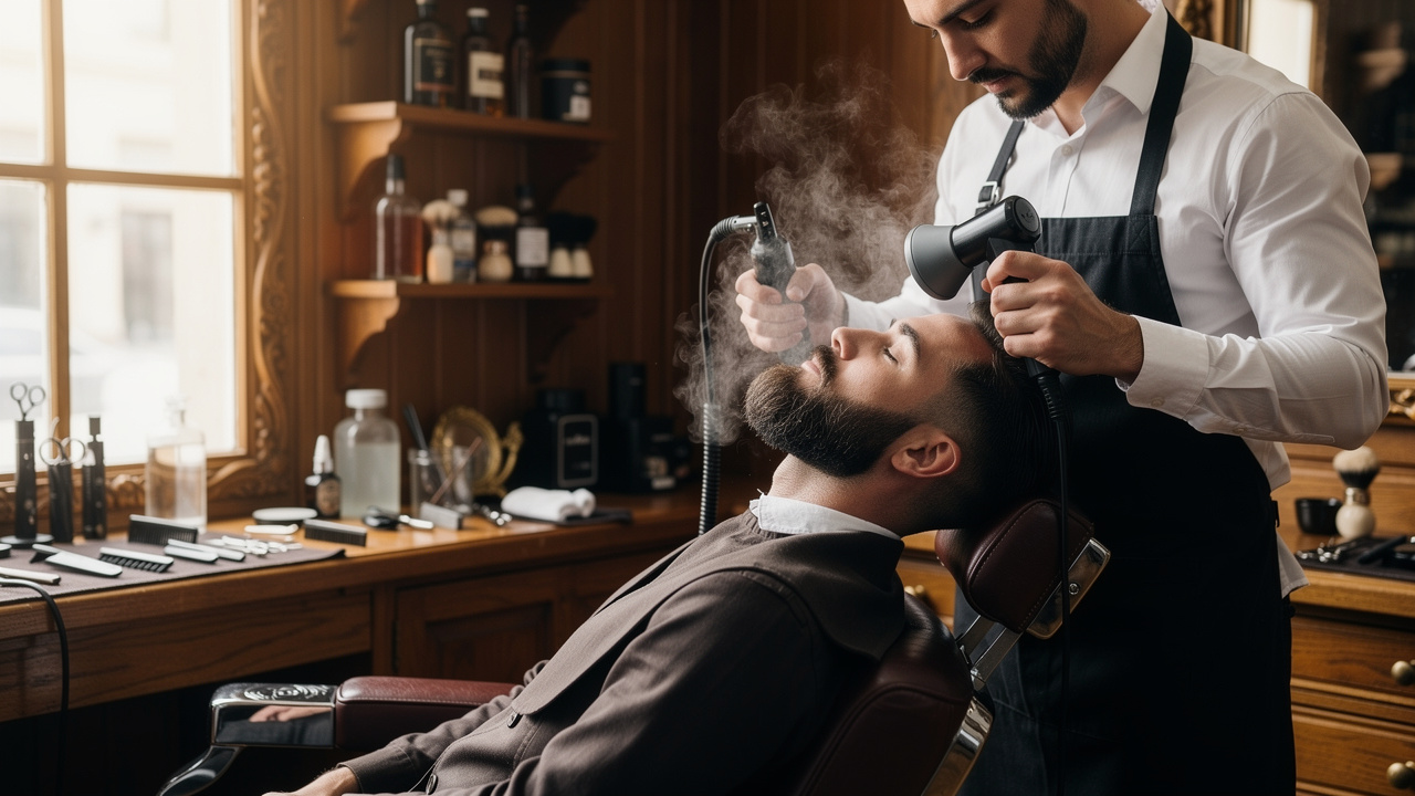 Barber providing steam treatment before shave service