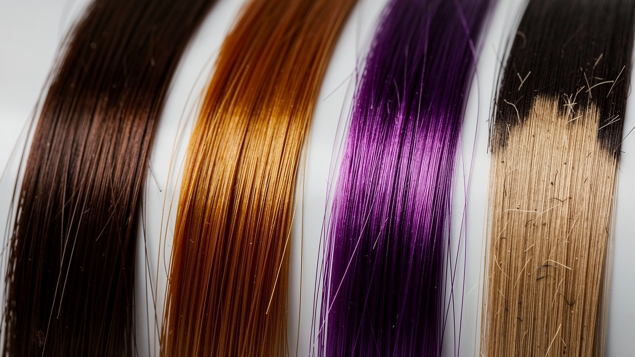 Four hair strands showing different color dye types
