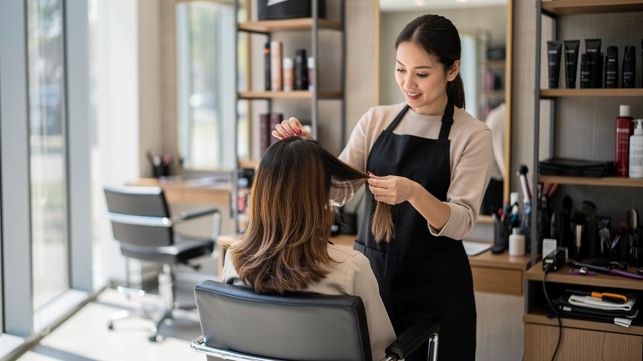Stylist conducting thorough hair color consultation with client
