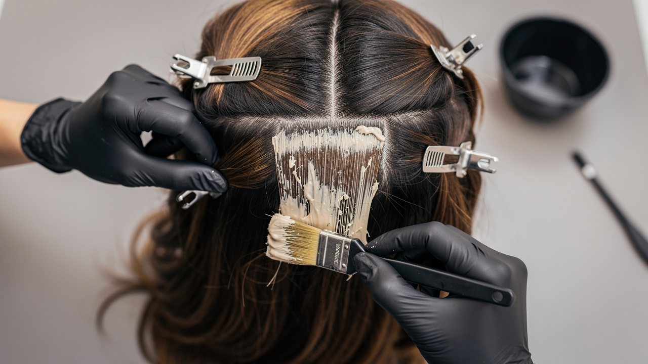 Professional systematic hair color application in sections
