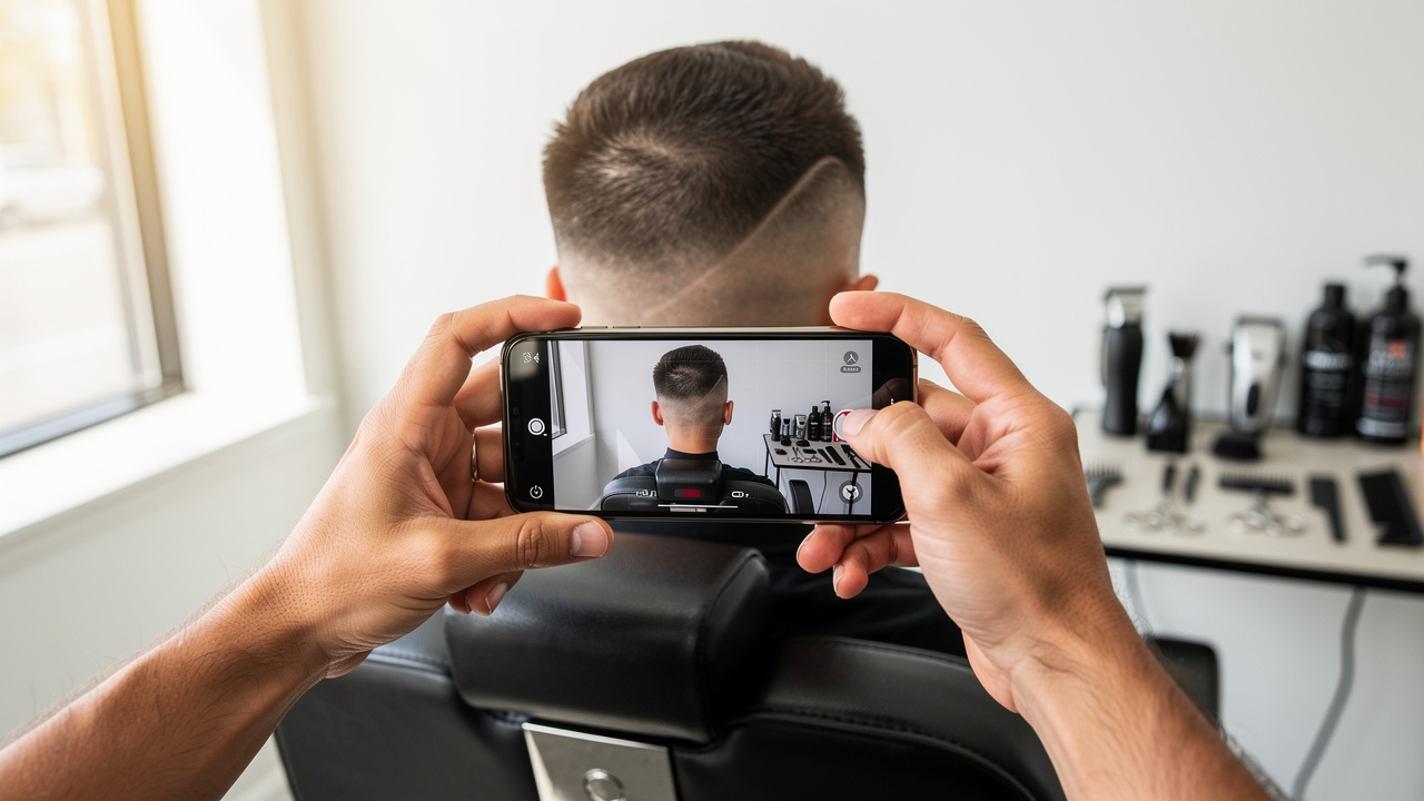 Barber capturing client's haircut for social media