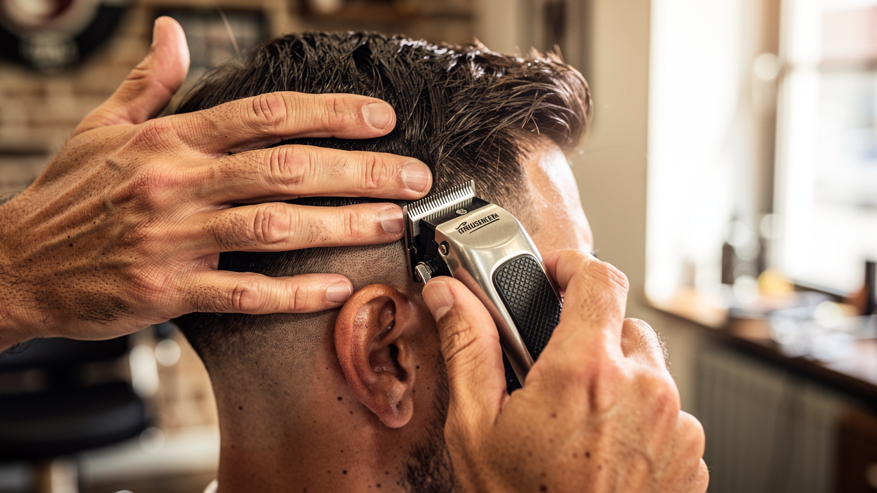 Barber performing fade haircut with professional clippers