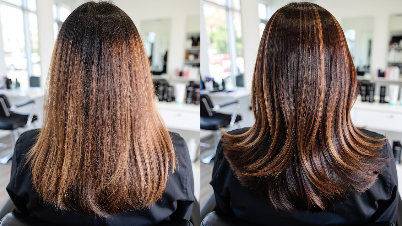 Before and after hair color transformation results