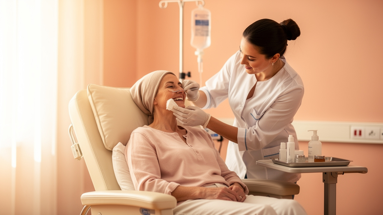 Volunteer providing gentle facial care to cancer patient