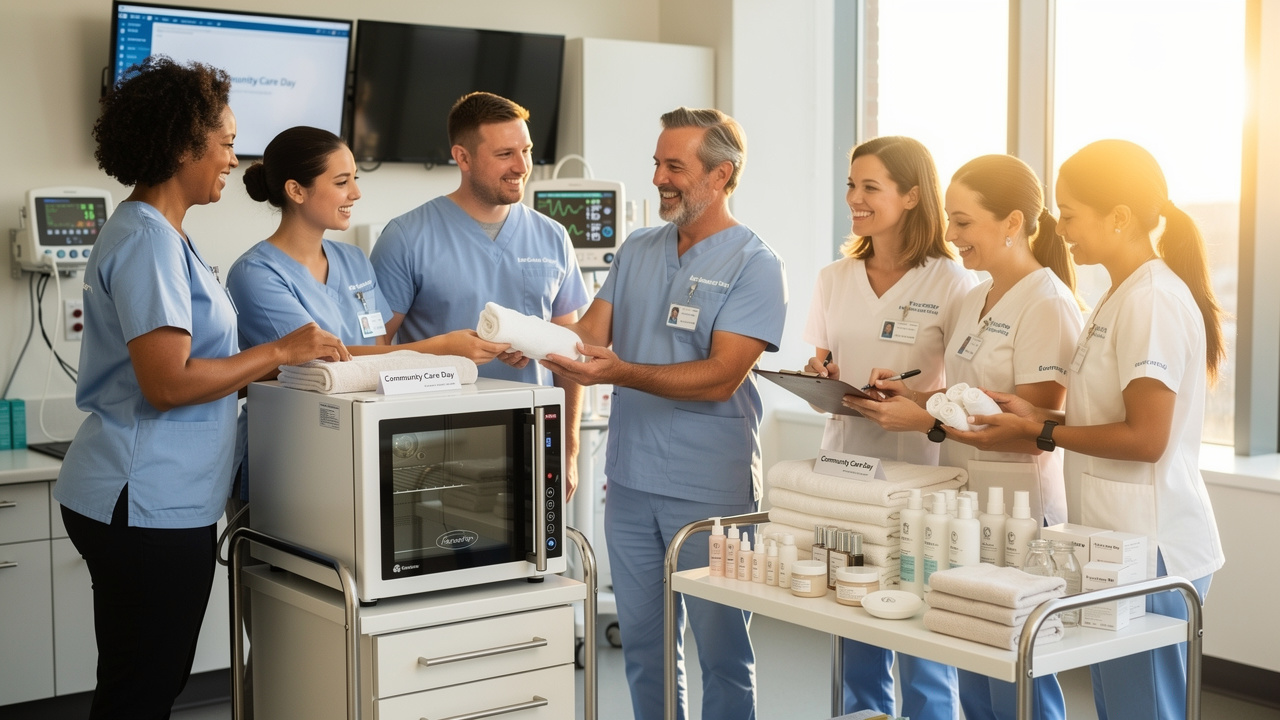 Healthcare volunteers preparing beauty services in hospital setting