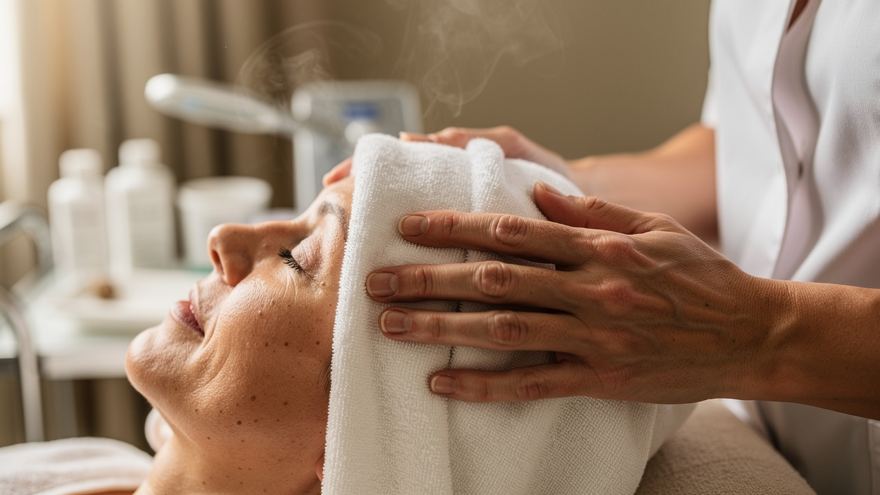 Warm towel facial treatment providing comfort to patient