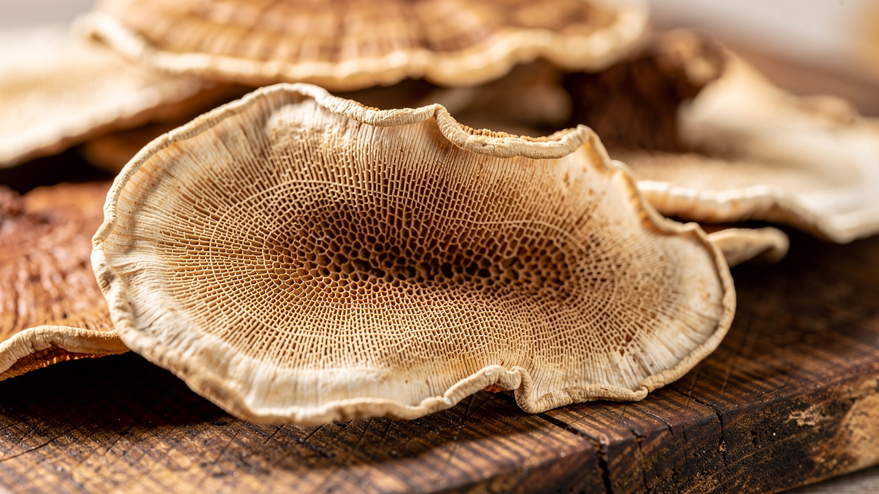 Close-up of dried Reishi mushroom slices