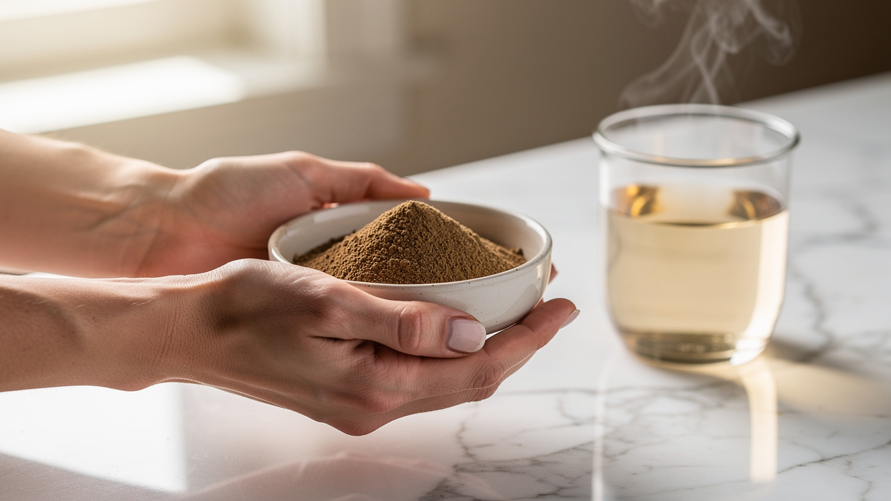 Hands holding bowl of Reishi extract powder