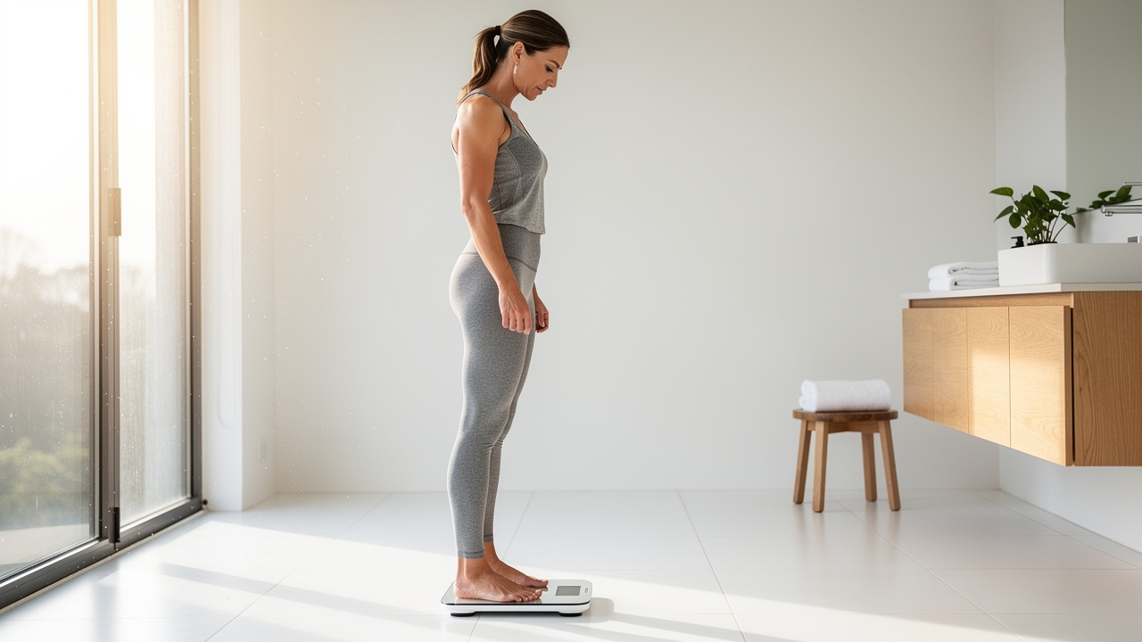Woman checking weight on bathroom scale