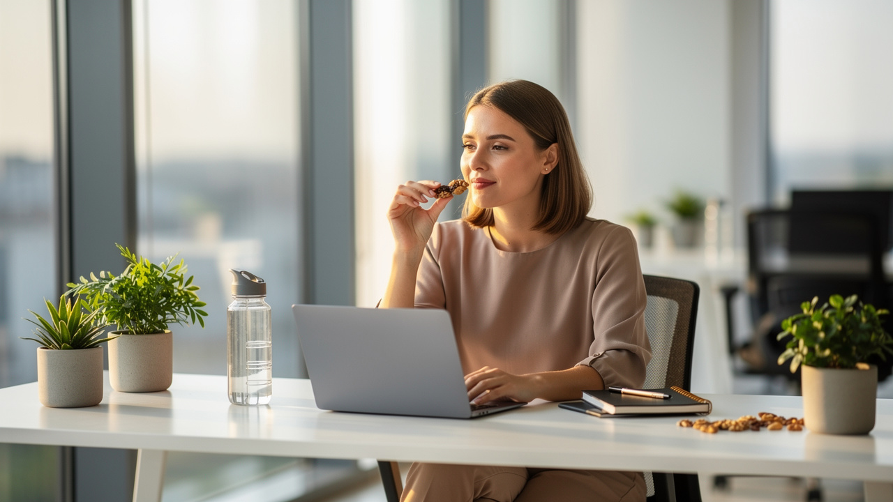 Woman with healthy snack at work