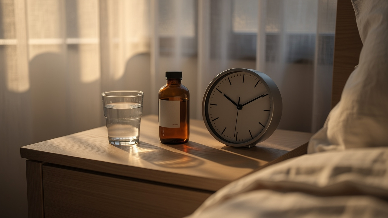 Peaceful bedside nightstand with evening sleep routine setup