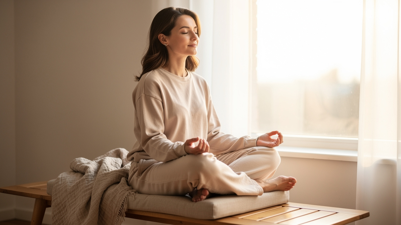 Woman experiencing mental calm and emotional balance in morning meditation