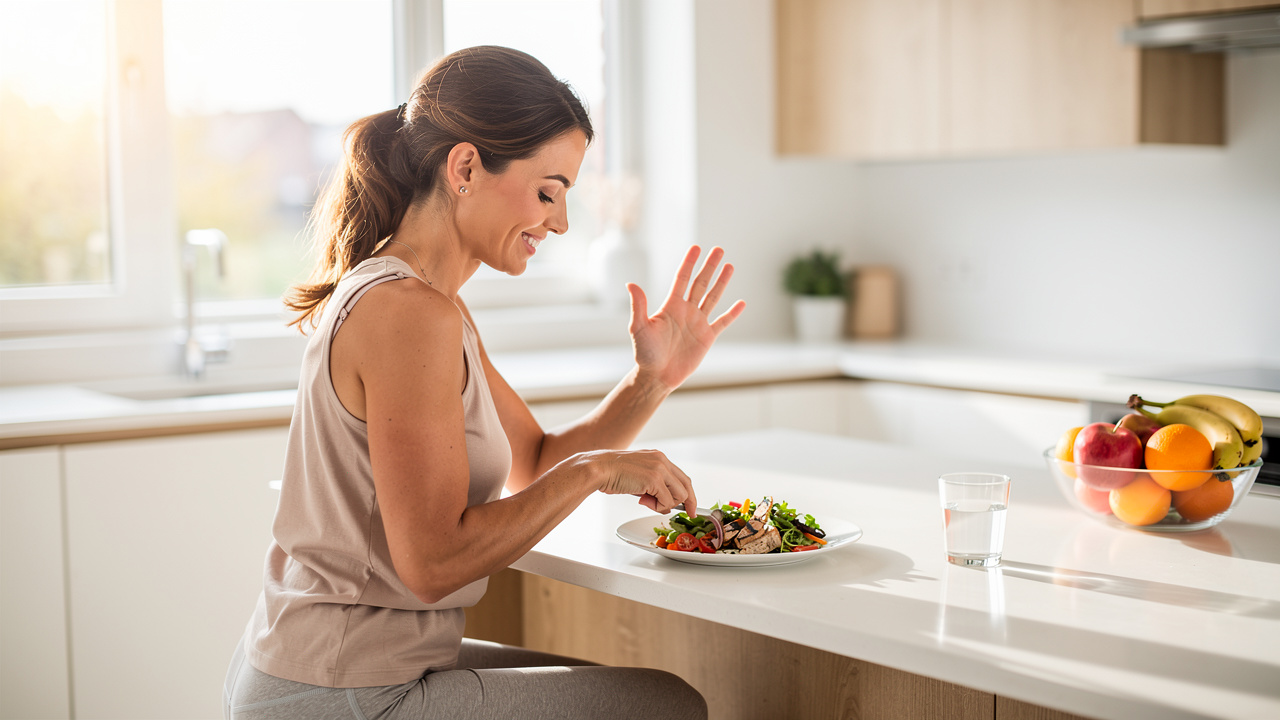 Woman feeling naturally satisfied after a healthy meal