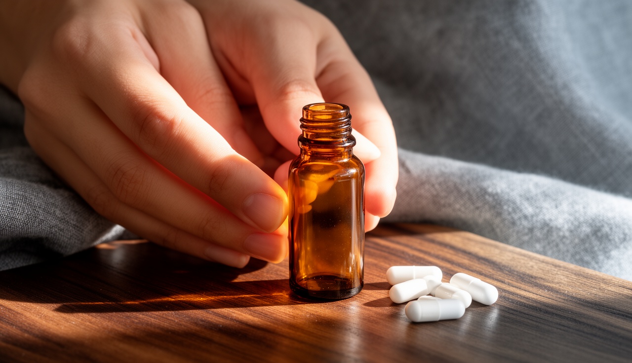 Supplement bottle with natural lighting and minimal styling