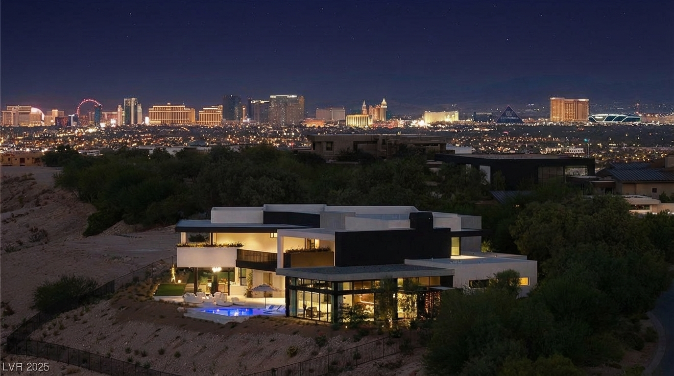 This image showcases the rear exterior of a modern luxury home with a pool and patio area. The architecture features clean lines, a mix of light and dark materials, and large windows offering views of the city skyline in the background. The landscaping is minimal, emphasizing the contemporary design and the elevated position of the property.