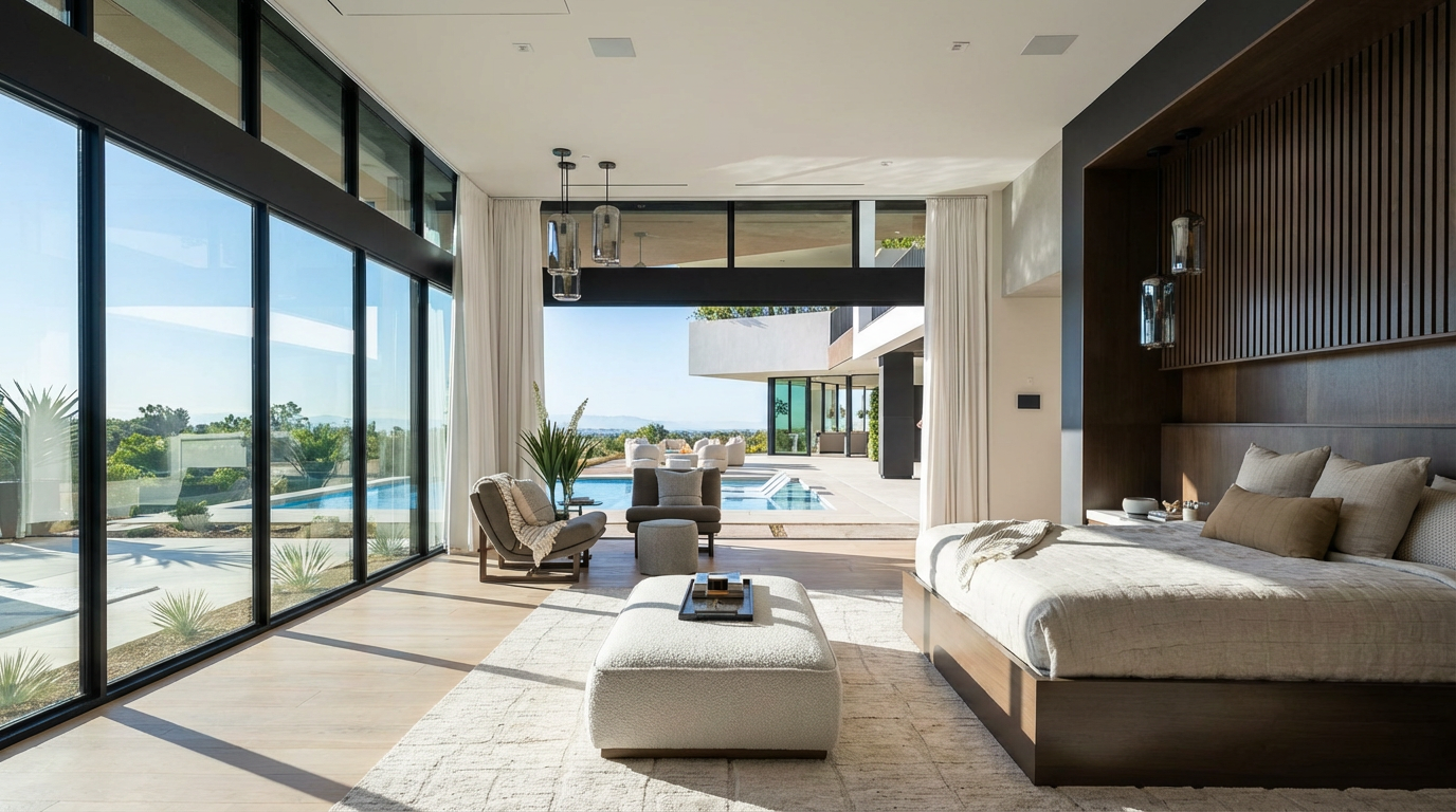 This is a luxurious primary bedroom with a modern design that seamlessly blends indoor and outdoor living. The room features floor-to-ceiling windows offering views of a private pool and outdoor lounge area. The interior is elegantly furnished with a large bed, a comfortable seating area, and stylish lighting fixtures, creating a serene and sophisticated atmosphere.