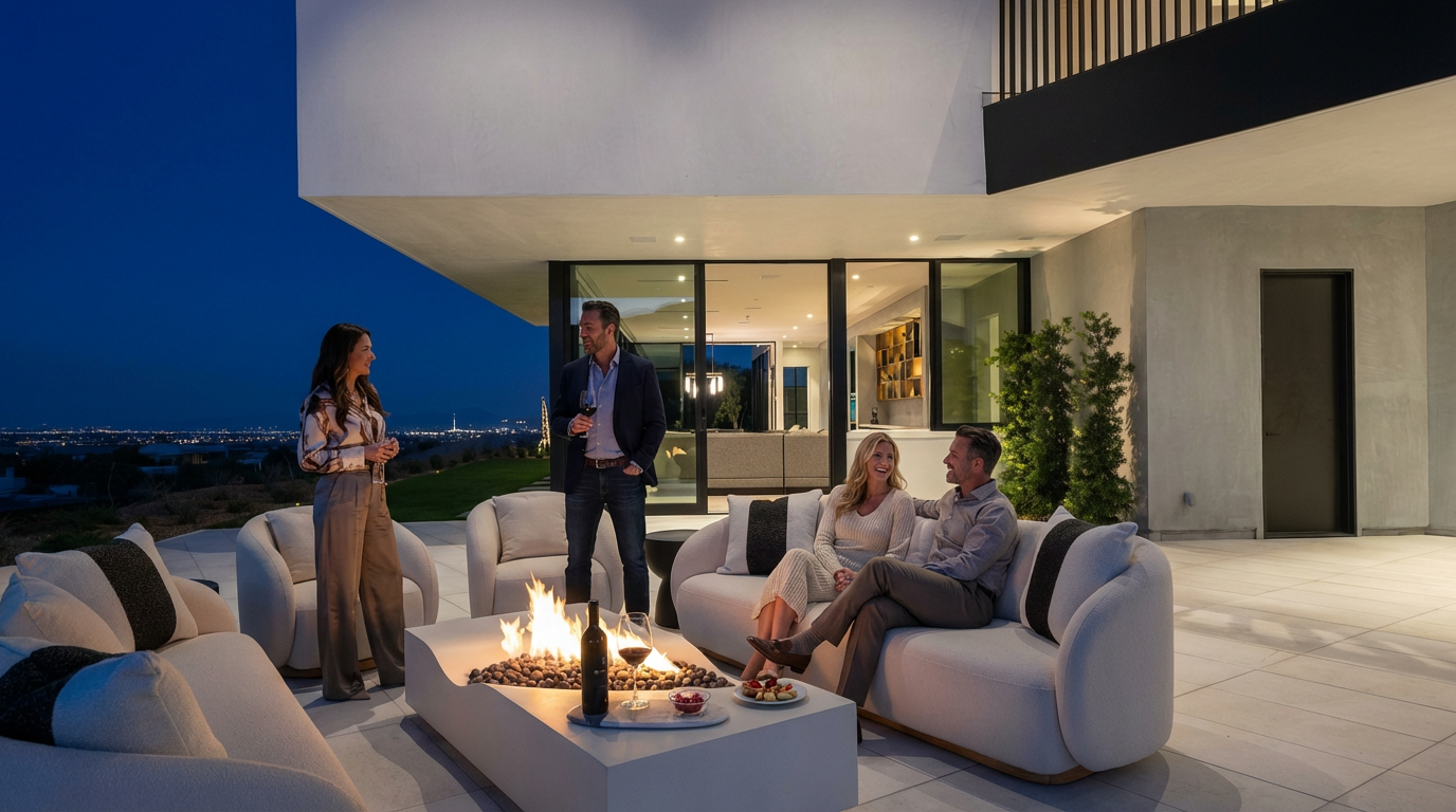This image showcases a luxurious outdoor patio area with modern design elements. The space features comfortable seating around a contemporary fire pit, offering a cozy and inviting atmosphere. The patio is part of a modern home with large glass doors leading to the interior, and it overlooks a city view at dusk, enhancing the property's appeal for relaxation and entertainment.