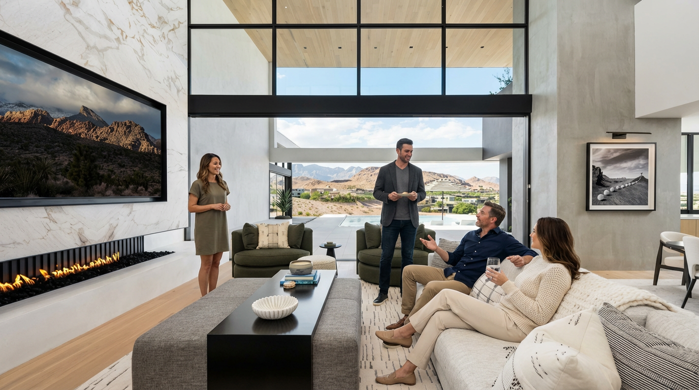 This is a luxurious living room featuring a modern fireplace with a large television above it, a comfortable sofa with decorative pillows, and two round armchairs. The room has floor-to-ceiling windows that offer a stunning view of the landscape outside, creating a seamless indoor-outdoor living experience. The overall design is contemporary and sophisticated, emphasizing natural light and open space.