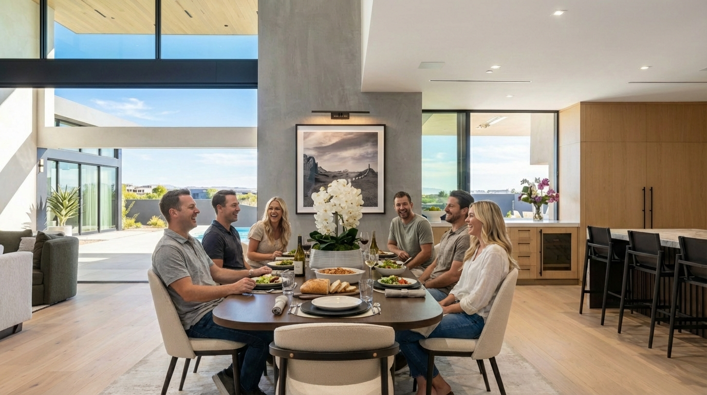 This interior shot showcases a modern dining room with a long, dark wood table surrounded by light-colored chairs with black legs. A large black and white photograph hangs on the wall above the table, and a floral arrangement serves as a centerpiece. The room opens to an outdoor area with a pool, creating a seamless indoor-outdoor living experience.