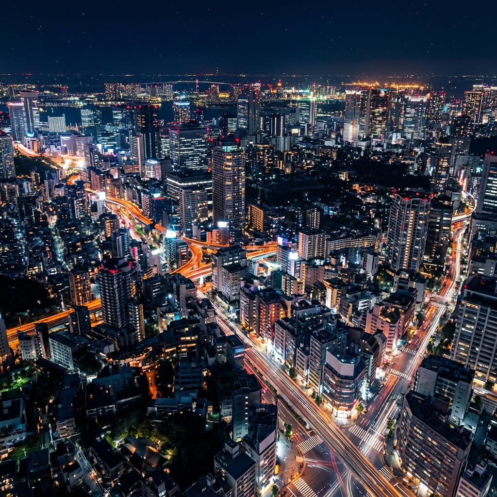 Breathtaking 4K AI-generated aerial cityscape at night