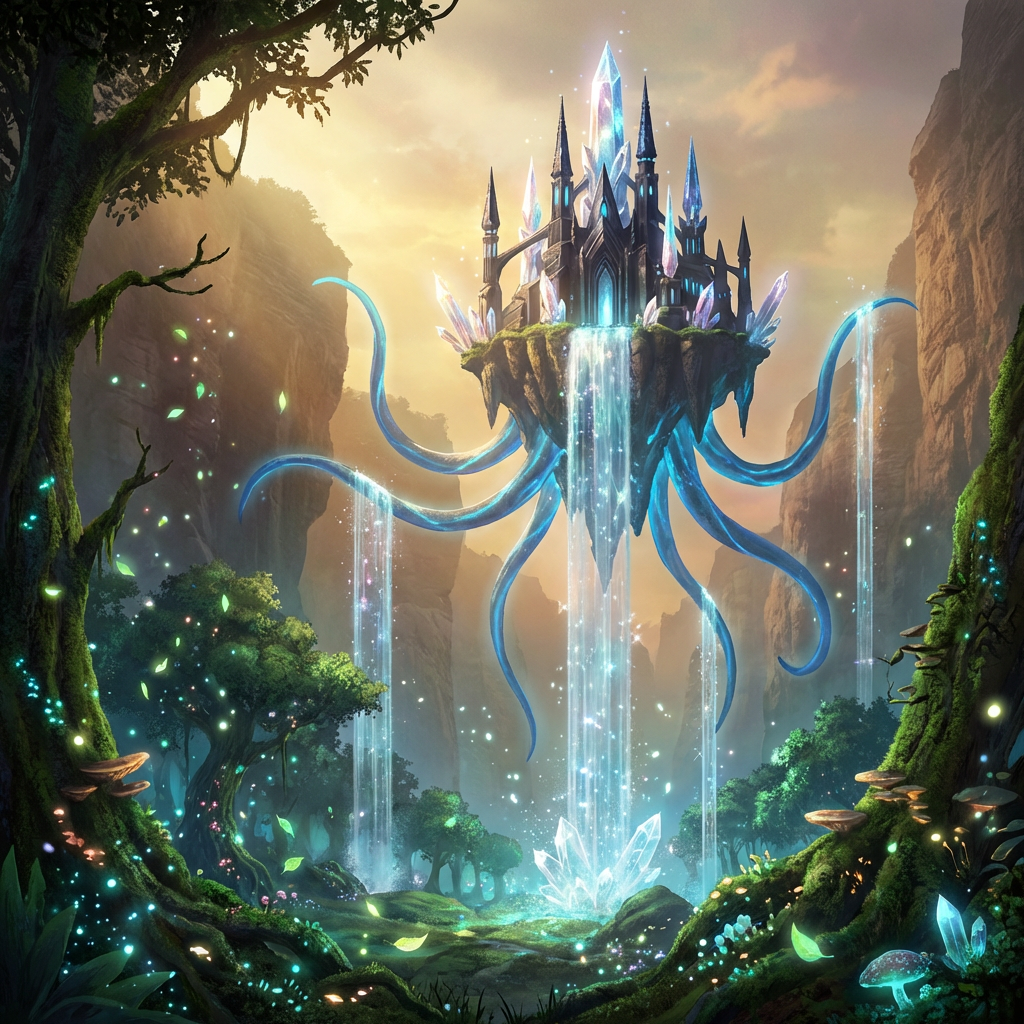 Ultra HD 4K fantasy landscape with floating castle generated by AI