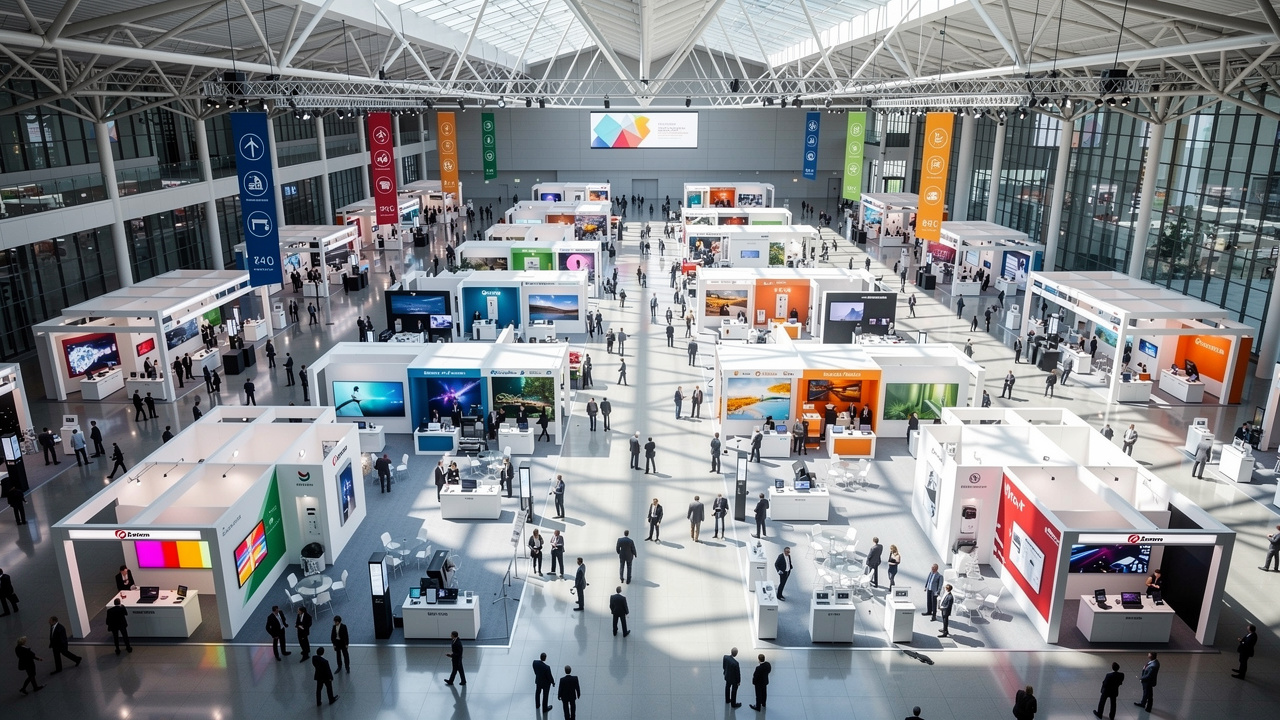 Aerial view of organized trade show floor layout