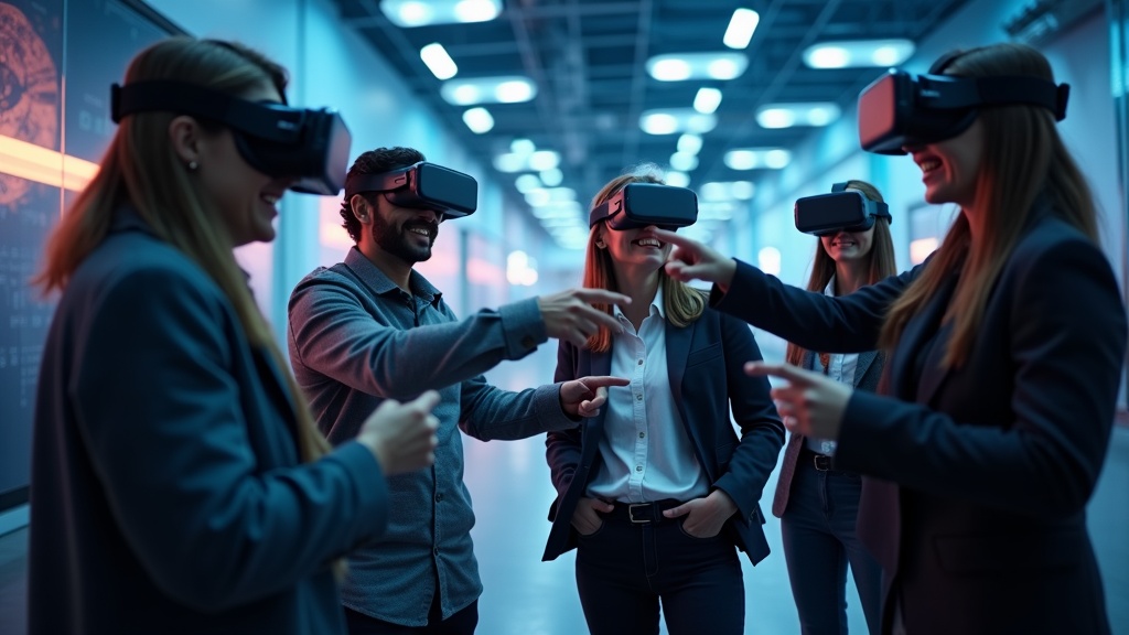 Equipo de empresa disfrutando de una sesión de team building con realidad virtual en Virtua Barcelona