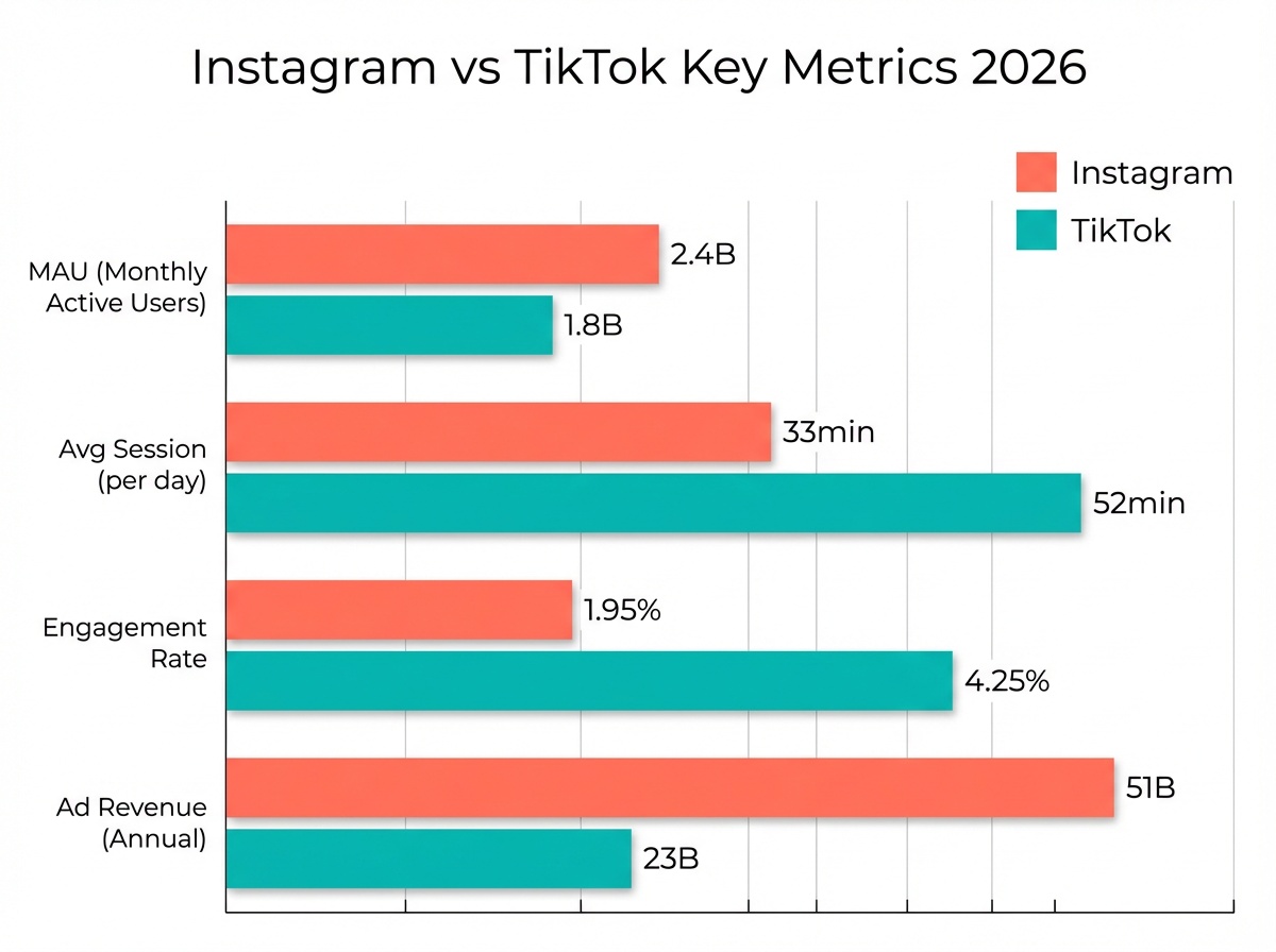 Instagram vs TikTok key metrics comparison bar chart infographic 2026