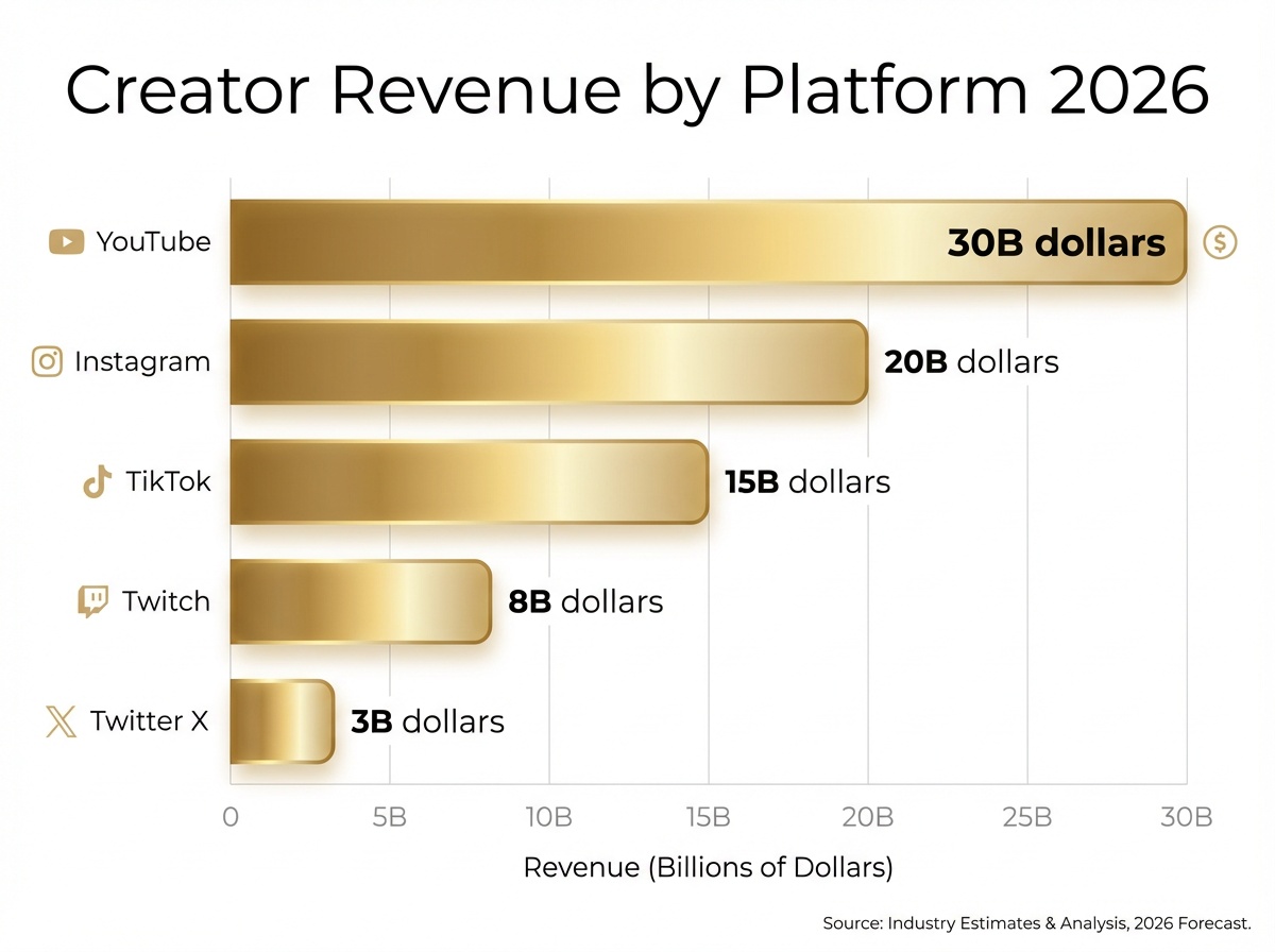 Creator revenue by platform horizontal bar chart infographic 2026