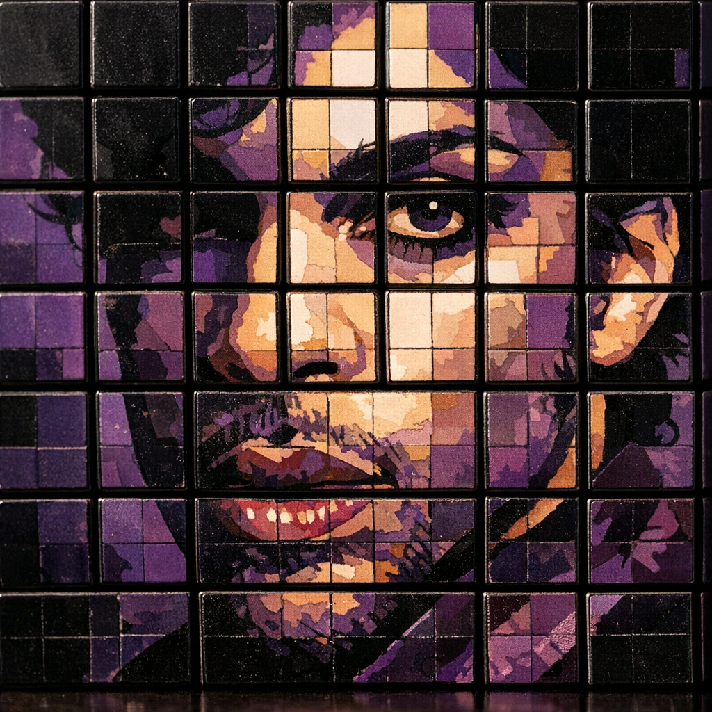 Close-up photorealistic shot of re-stickered Rubik’s Cubes forming a portion of the Prince portrait, showing texture, subt...